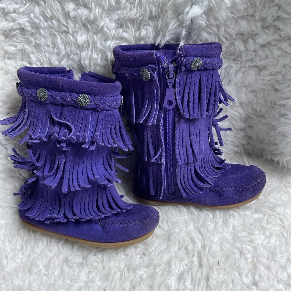 Minnetonka little girl leather suede purple fringe layers knee high boots SZ9